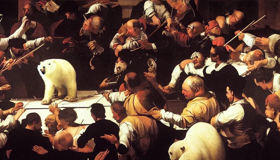 Image similar to a painting of a polar bear directing orchestra at the theatre by Caravaggio, elegant