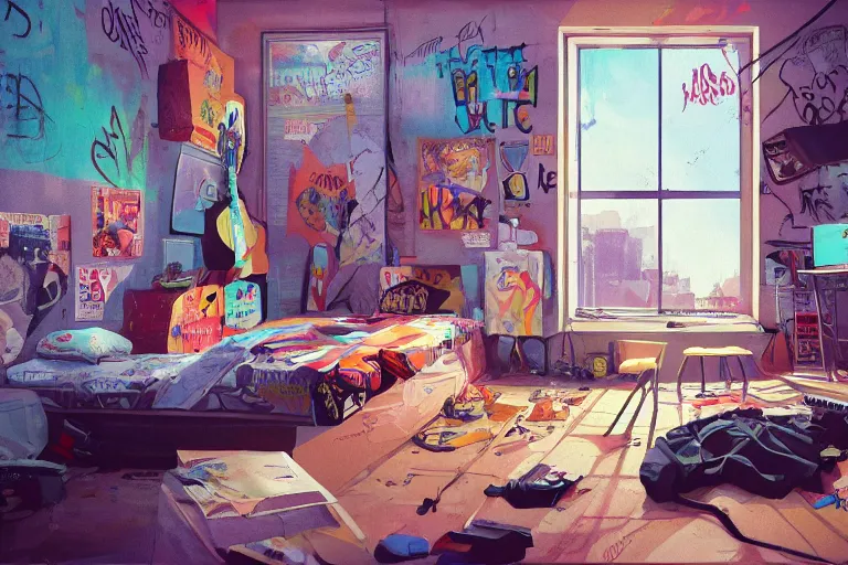 Image similar to a room of an american teen, graffiti and posters on the wall, bed, guitar, bright, the sun shines in, warm, cozy, isometric art, bright, artstation, highly detailed, cinematic lighting + masterpiece