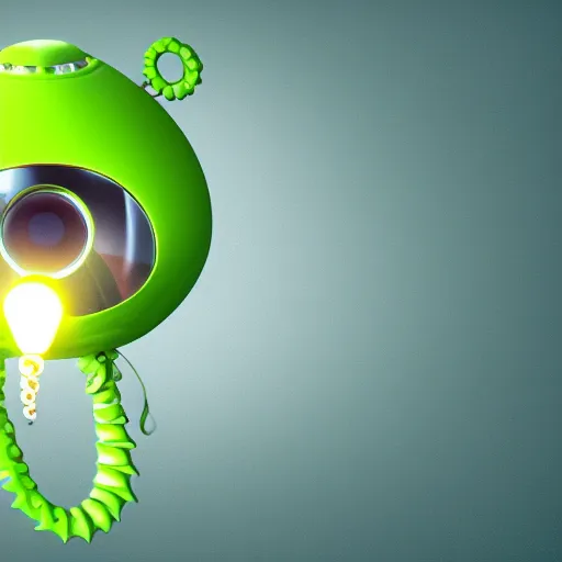 Prompt: a tentacle - plant like creature with eyes on stalks in a space suit that resembles a lightbulb with robot legs. 3 d rendering. advanced lighting and texturing