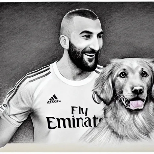 Prompt: beautiful pencil drawing of a golden retriever with karim benzema - - width 1 0 2 4
