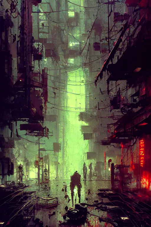 Prompt: a cyberpunk city street, splattered oil, electrical wiring and broken machines, cables veins tendons, degraded, film grain, light leaks, stains, by jeremy mann, beksinski and craig mullins and tsutomu nihei