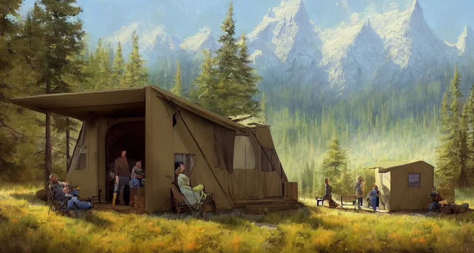 Prompt: cabela's beautiful comfortable community of modular insulated wall container home kit - house all weather military grade family dwelling tent house, person in foreground, mountainous forested wilderness open fields, beautiful views, painterly concept art, environmental concept art, concept art illustration, by james gurney, by craig mullins, by greg rutkowski trending on artstation