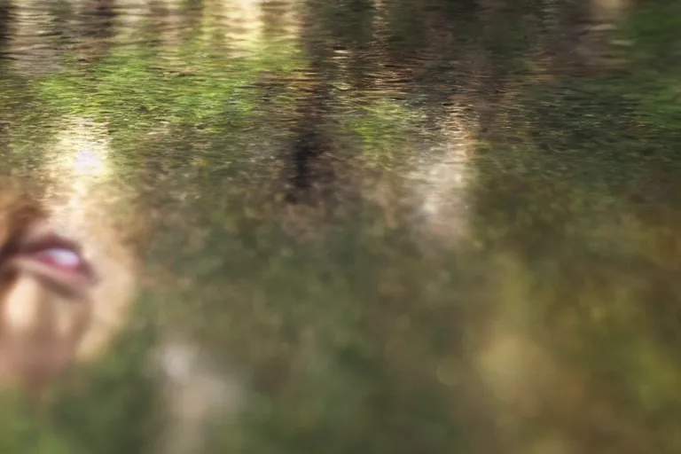 Prompt: a close-up of a woman staring at her reflection on a pond in a secret forest, very detailed, trending on artstation and deviantart