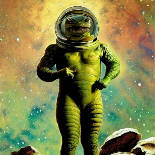 Prompt: photoreal, full body portrait of an amphibian beast in a space helmet on a rocky planet, nebula milky way background, by norman rockwell and boris vallejo, artstation, concept character art