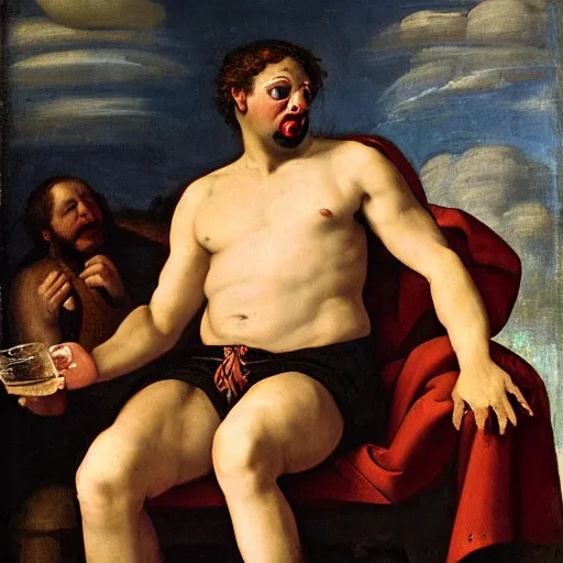 Image similar to renaissance painting of greek god eros who is a clown, has hurt his knee, sitting in a chair and is watching the game on tv, beer in hand