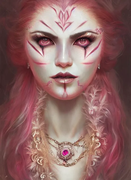 Image similar to portrait of pink vampire, symmetric, facepaint facepaint facepaint, intricate jewelry, trending on artstation 4 k, high quality, in the style of karol bak and tom bagshaw, tattoos