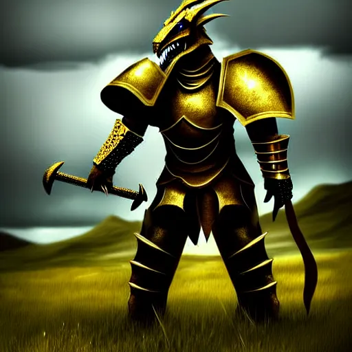 Prompt: an dragonborn armored with golden medieval armor on top of a grass mountain, digital art, fantasy art