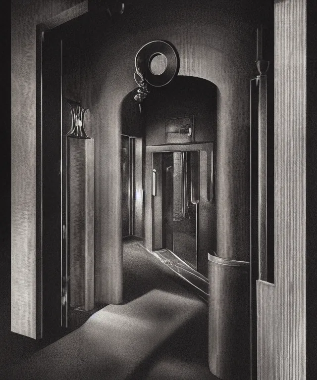 Prompt: horrifying full color photorealistic image of a 1 9 2 5 hotel elevator lobby, elevator doors look like a mouth, with a tentacle - shaped tongue, licking out, dark, atmospheric, brooding, smooth, finely detailed, cinematic, epic, in the style of lee gibbons