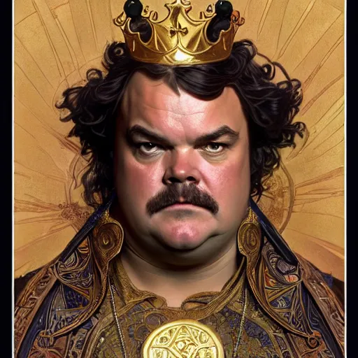 Image similar to full portrait of jack black as king friday, fantasy, d & d, intricate, detailed, by by alphonse mucha, adolfo hohenstein, alice russell glenny, stanley artgerm lau, greg rutkowski, detailed, trending on artstation, trending on artstation, smooth