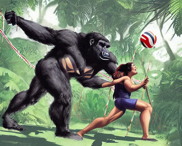 Prompt: gorilla and batman playing volleyball in a jungle with a volleyball, volleyball net, digital illustration, inspired by greg rutkowski and artgerm, high detail