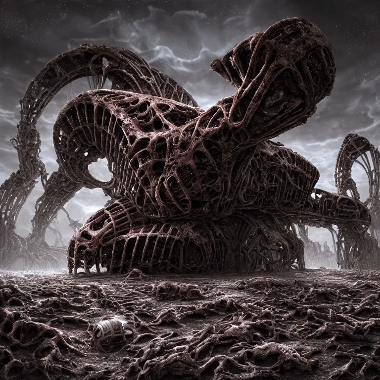 Image similar to portrait of ribbed abandoned biomechanical organic crashed spaceship on exoplanet in a desolate empty wasteland, covered with organic flesh, meat, creepy, nightmare, dream-like heavy atmosphere, surreal abandoned buildings, baroque painting, beautiful detailed intricate insanely detailed octane render trending on Artstation, 8K artistic photography, photorealistic, chiaroscuro, cinematic volumetric light, Raphael, Caravaggio, Beksinski, Giger