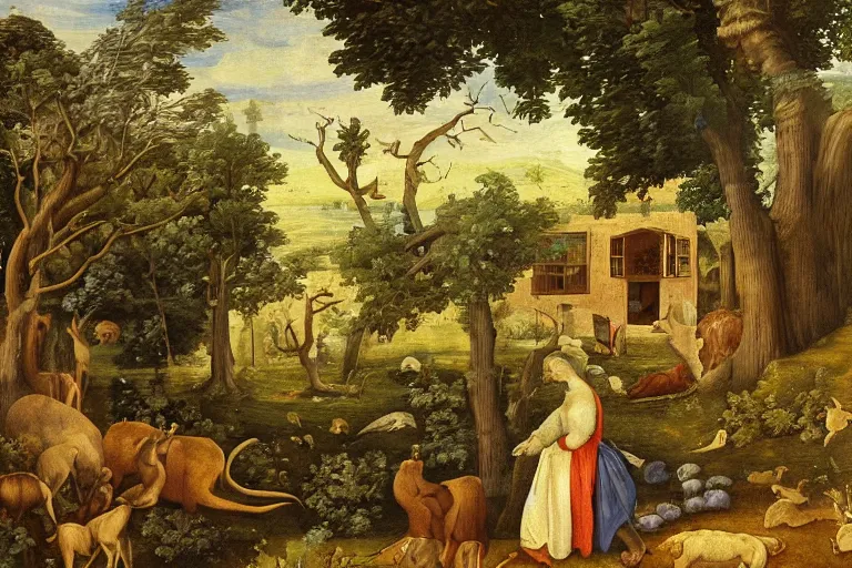 Prompt: a mistic fa forest with many animals, with a old house, in entrance of the house and old woman rocking in a rocking chair.renaissance painting style.high detail painting