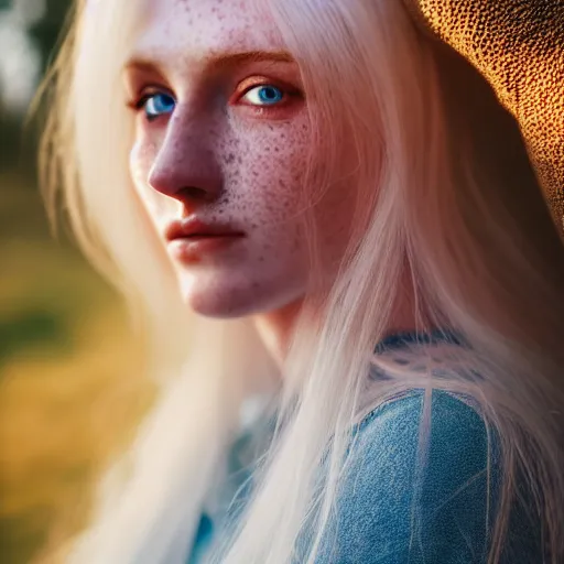 Image similar to beautiful hyperreal portrait of a cute woman, long white hair, freckles, blue eyes, very detailed face, soft smile golden hour, soft focus, 8 k, portra 4 0 0