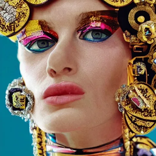 Prompt: close up of birgit bardot as avant - garde fashion model in year 3 0 0 0, official versace editorial, highly detailed