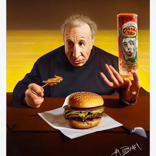 Image similar to portrait of Mel Brooks eating hamburgers, extra onions and ketchup, luscious patty with sesame seeds, ethereal, holy sacred light rays, handsome, D&D, fantasy, intricate, elegant, highly detailed, digital painting, artstation, concept art, matte, sharp focus, illustration, art by Artgerm and Greg Rutkowski and Alphonse Mucha