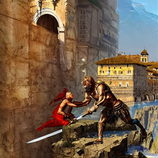 Prompt: Romulus killing Remus with a dagger at the edge of the Tiber River by Marc Simonetti