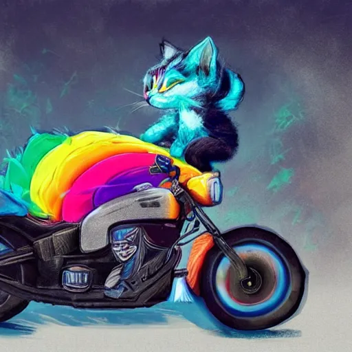 Image similar to wide angle full body, jacket wearing fluffy cute rainbow kitten wearing a black leather motorcycle jacket, riding on a motorcycle, cinematic concept art