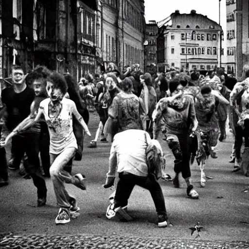 Image similar to zombie apocalypse on the streets of riga in 9 0 s, panic, horror, people running