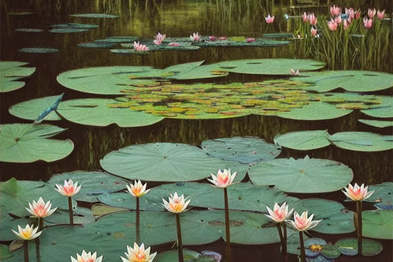 Image similar to pale teal rain beside pond with waterlilies, fantasy, intricate, elegant, dramatic lighting, emotionally evoking symbolic metaphor, highly detailed, lifelike, photorealistic, digital painting, artstation, concept art, smooth, sharp focus, illustration, art by John Collier and Albert Aublet and Krenz Cushart and Artem Demura and Alphonse Mucha