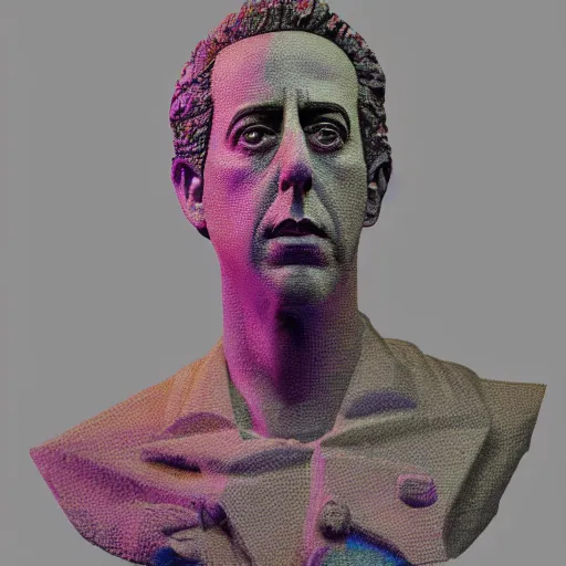 Image similar to hyperrealistic mixed media image of a statue of jerry seinfeld made entirely of multicolored dry noodles, stunning 3 d render inspired art by istvan sandorfi and greg rutkowski, perfect facial symmetry, realistic, highly detailed attributes and atmosphere, dim volumetric cinematic lighting, 8 k octane extremely hyper - detailed render, post - processing, masterpiece,