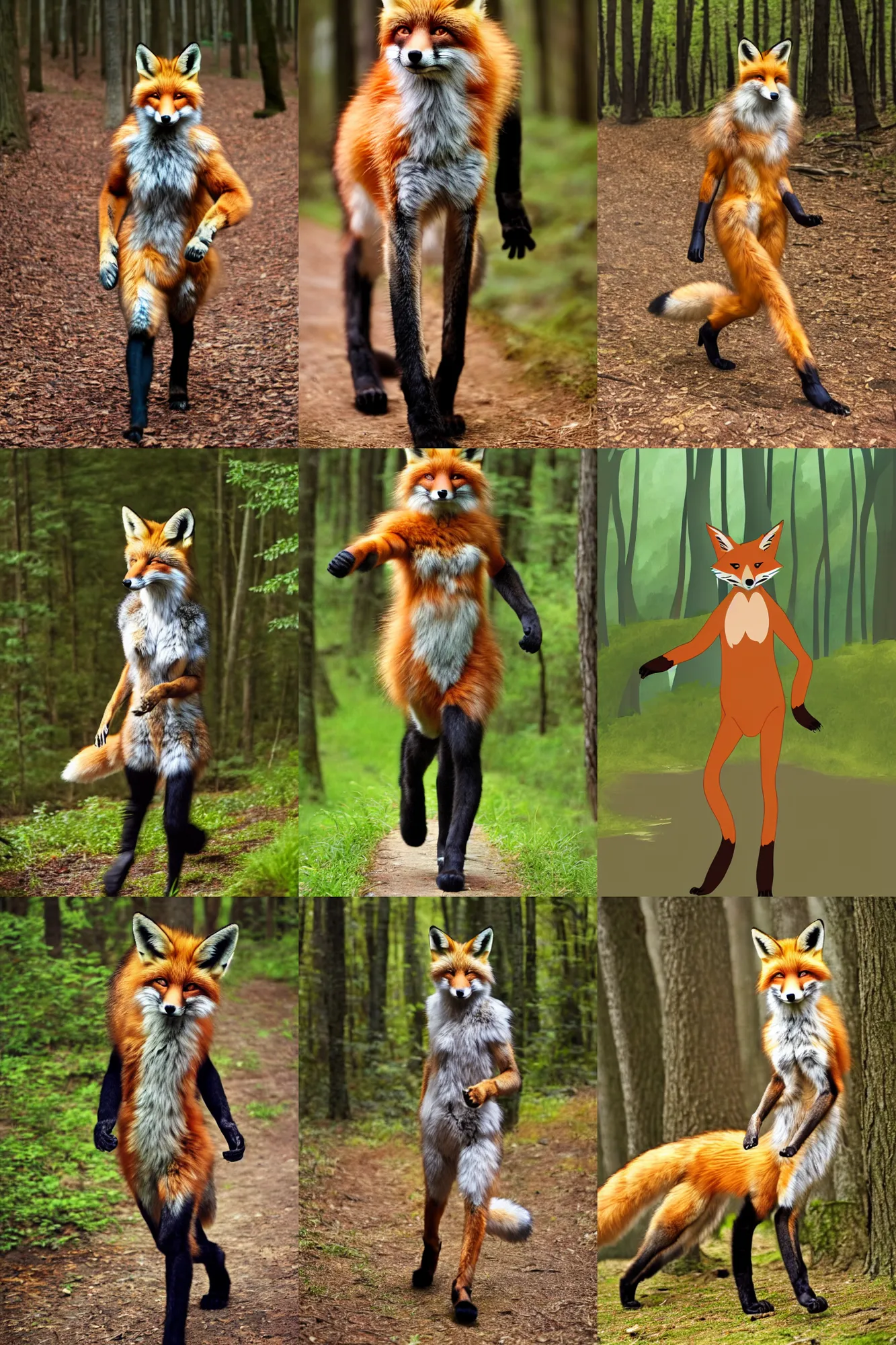 Prompt: anthro furry digitigrade natural - colored fox person with black paws, walking upright in a forest