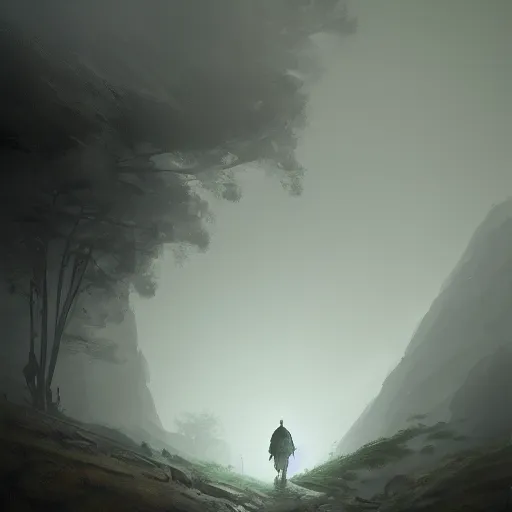 Prompt: a giant walking amongst mountains, fog, rim light, fearsome, gigantic, digital painting, in the style of greg rutkowski