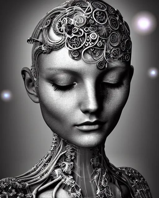 Image similar to mythical dreamy black and white organic bio-mechanical spinal ribbed profile face portrait detail of translucent steampunk beautiful female angelic-human-queen-vegetal-cyborg, highly detailed, intricate crystal ivy jelly ornate, poetic, translucent roses ornate, 3D render, digital art, octane render, 8K artistic photography, photo-realistic, by Dora Maar