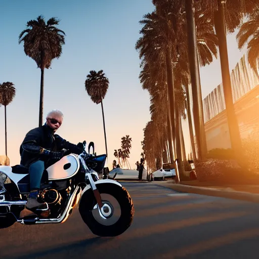 Prompt: a photorealistic image of a smiling white bichon frise puppy dog riding a black motorcycle in Hollywood at sundown. Palm trees in the background. Paws on handlebars. This 4K HD image is Trending on Artstation, featured on Behance, well-rendered, extra crisp, features intricate detail and the style of Unreal Engine.