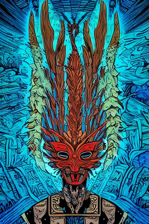 Image similar to animal mask totem roots flower tribal feather gemstone plant wood rock shaman vodoo video game vector cutout illustration vivid multicolor borderlands comics by josan gonzales and dan mumford radiating a glowing aura