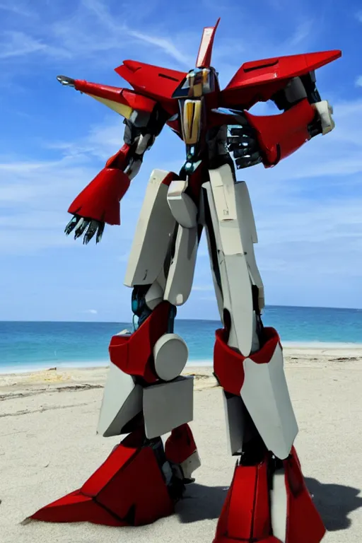 Image similar to a macross mecha posing on the beach