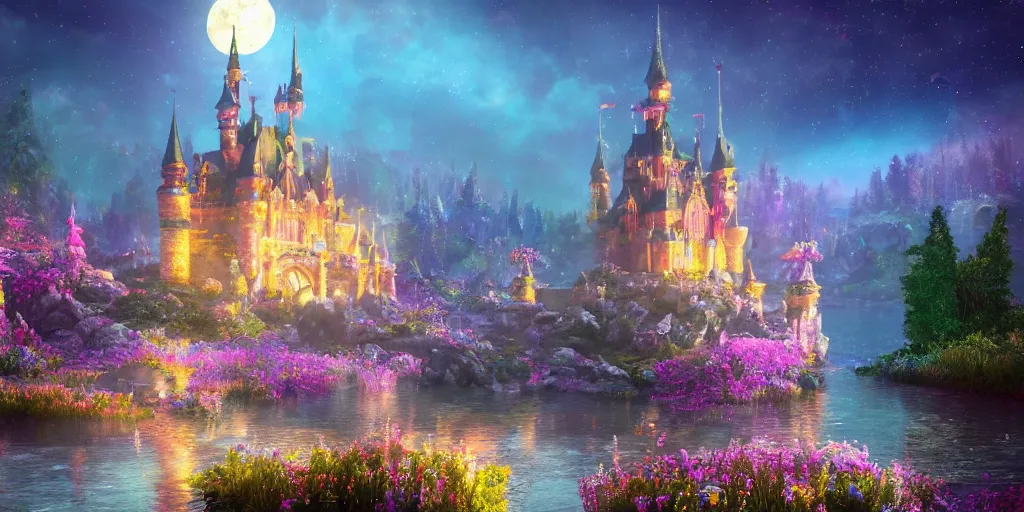 Image similar to a single glittering fairy castle at night, a full moon, water and colourful flowers, extremely detailed oil painting, unreal 5 render, fantasy digital art, octane render, beautiful composition, trending on artstation, award-winning photograph, masterpiece