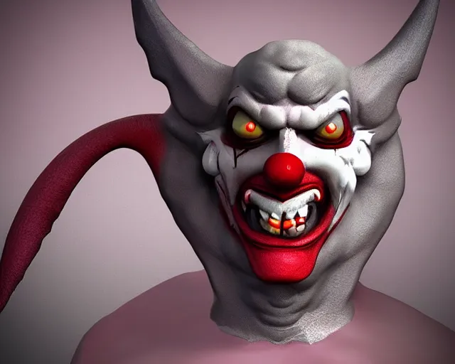 Image similar to 3d sculpt of an evil clown face with huge bat wings, skull, artstation, digital illustration