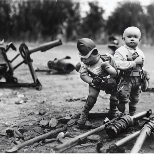 Prompt: Babies going to war, WW2 photography, very patriotic, white and black photography, 8k