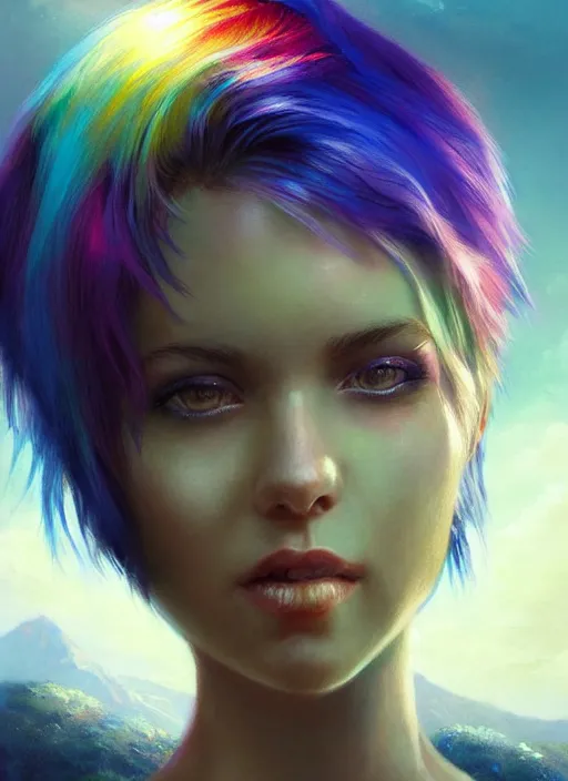 Image similar to girl with rainbow hair, pixie haircut, beautiful highly detailed face, complementary lighting, backlit, black eyeshadow, grinning, adventure, dramatic lighting, landscape background, beautiful painting by artgerm and greg rutkowski and raymond swanland