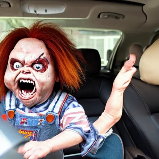 Prompt: middle aged screaming chucky doll driving to work in a minivan and stuck in gridlock traffic