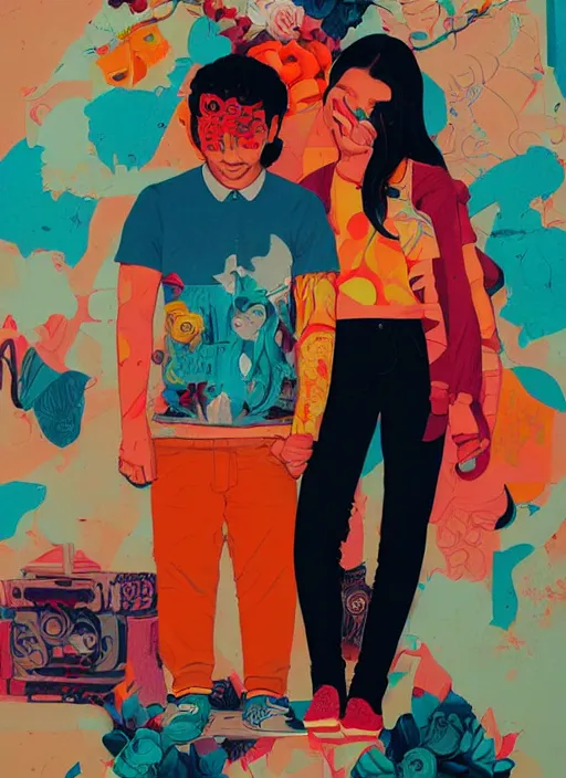 Image similar to Couple in Euphoria by Sachin Teng x Supreme :5 attractive, stylish, designer , asymmetrical, Matte Painting , geometric shapes, hard edges, graffiti, street art:2 Masterpiece, impressive detail, colorful, by Sachin Teng:4