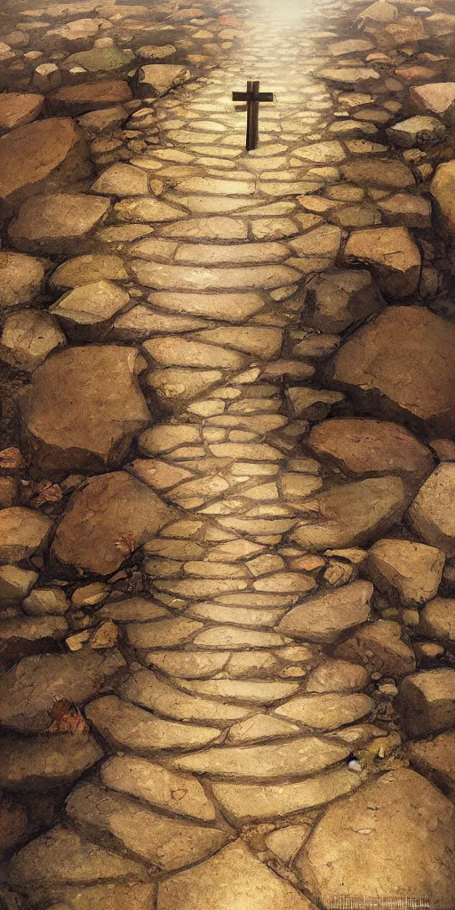 Image similar to a trail of footprints on a stone path with a cross in the middle, style by jon foster, digital art illustration