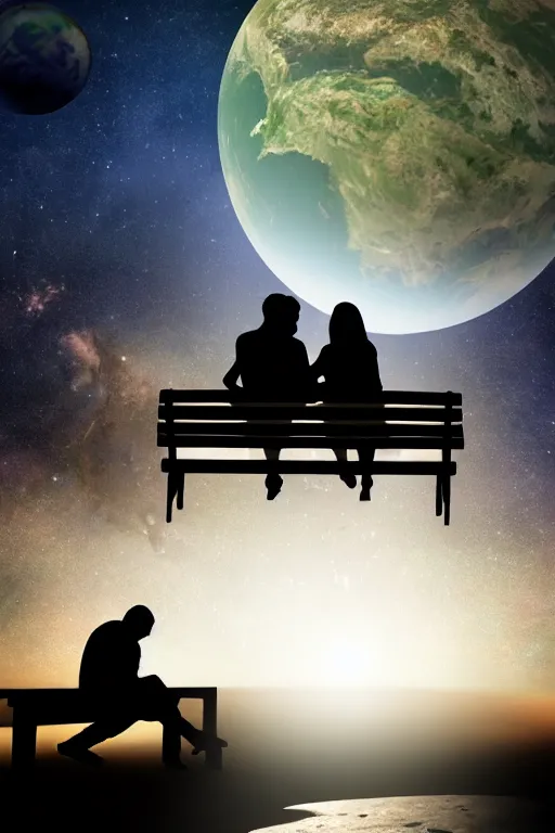 Image similar to Silhouette of a Couple sitting on a bench on the moon with a view of planet earth, photorealistic, high resolution, award winning, trending on artstation.