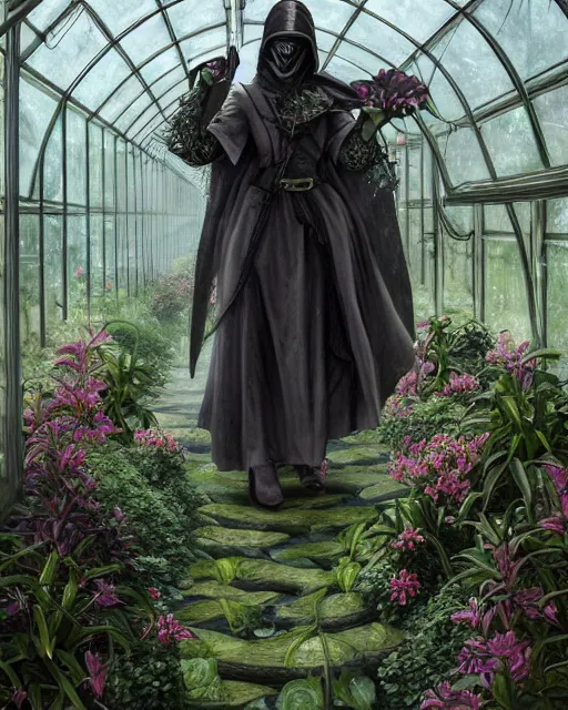 Image similar to portrait of a female plague doctor in a botanical greenhouse, heavy rain outside, wind, thunder, reflections, deep focus, d & d, fantasy, intricate, elegant, highly detailed, digital painting, artstation, concept art, matte, sharp focus, illustration, hearthstone, art by artgerm and greg rutkowski and alphonse mucha