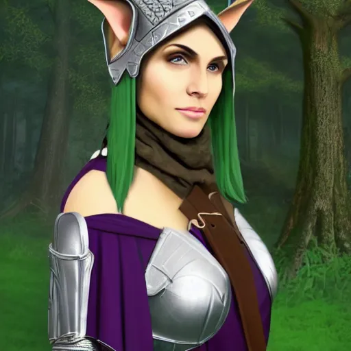 Image similar to athena as a medieval fantasy wood elf, dark purplish hair tucked behind ears, wearing a green tunic with a fur lined collar and brown leather armor, wide, muscular build, scar across nose, one black, scaled arm, cinematic, character art, digital art, forest background, realistic. 8 k,