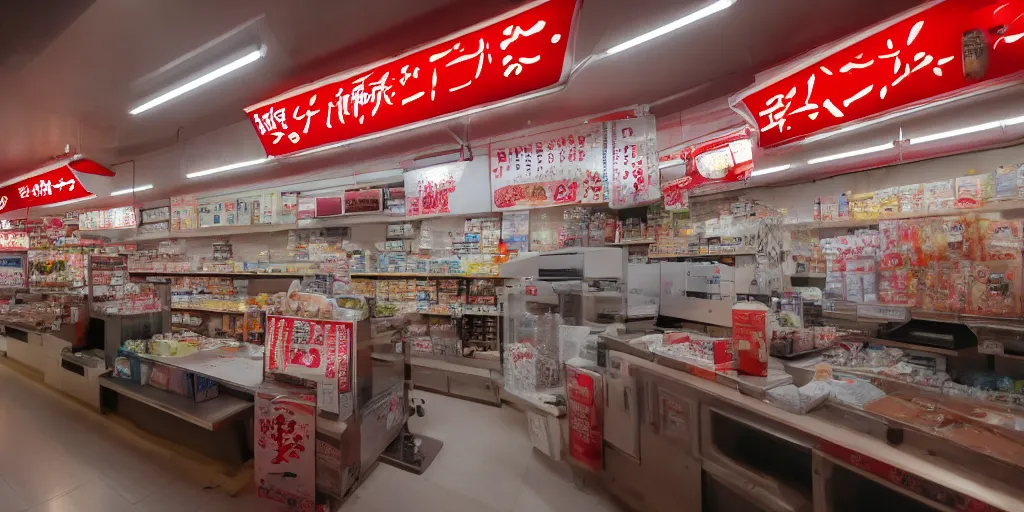 Image similar to interior of a japanese convenient store after midnight, large windows with a view of a parking lot, grey interior, low lights, red glow of japanese neon signs, kitchen in the background, desolate, cinematic, 8 k