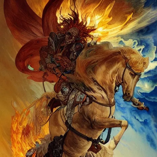 Prompt: a beautifull intricate watercolour painting of the four horsemen of the apocalypse, riding from hell, fiery hell in the background, fear, anger, chaos, verry high details by william turner art, greg rutkowski and alphonse mucha, trending on artstation, very very detailed, masterpiece, vibrant colors