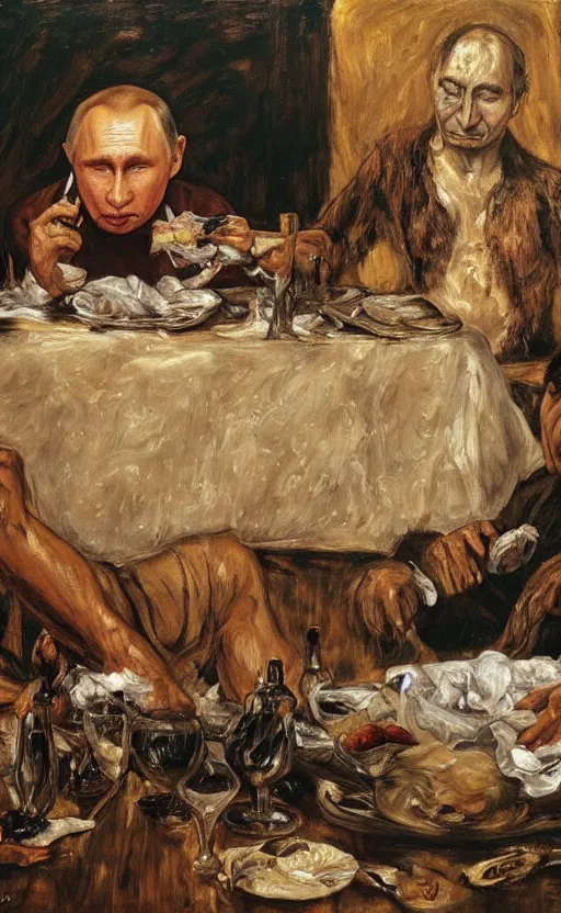 Image similar to Putin eating used diapers covered in brown substance at a dinner table, Putin portrait, brown liquid dripping down mouth, face of fear, ugly body painted by Lucian Freud, Jenny Saville, Ilya Repin