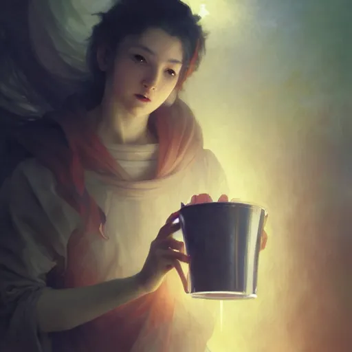 Image similar to A man drinking a cup of cosmic energy bright light, illustration by Ruan Jia and Mandy Jurgens and William-Adolphe Bouguereau, Artgerm, 4k, digital art, surreal, anime style, space dandy style, highly detailed, godsend, artstation, digital painting, concept art, smooth, sharp focus, illustration by Ruan Jia and Mandy Jurgens and William-Adolphe Bouguereau, Artgerm