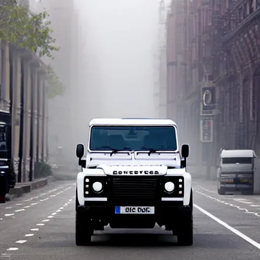 Prompt: landrover defender crashed in a distopian city early dark morning mist red tail light street lanterns sky scrapers