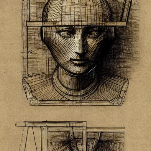 Image similar to hyper realistic robot main frame, construction, engineering drawing, leonardo da vinci sketch, sepia, old