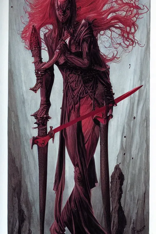 Prompt: vampire woman with red hair holding two swords by wayne barlowe