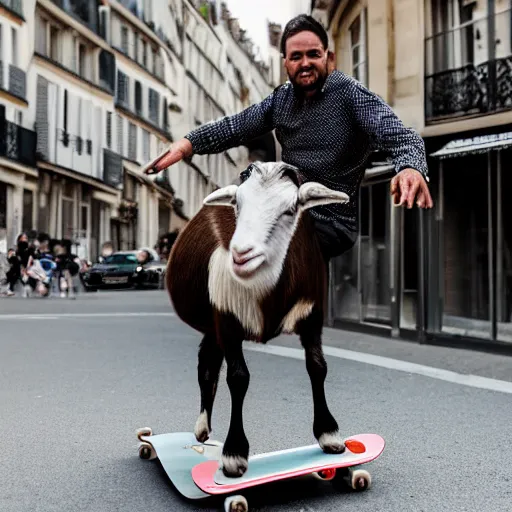 Image similar to a goat riding a skateboard in paris, 8 k, 4 k, professional photography, award winning photo