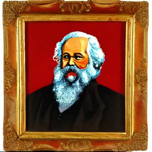 Prompt: Karl Marx sitting infront of a red background oil painting