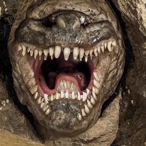 Image similar to photo inside a cavern of a wet reptilian humanoid rapper partially hidden behind a rock, with black eyes, open mouth and big teeth